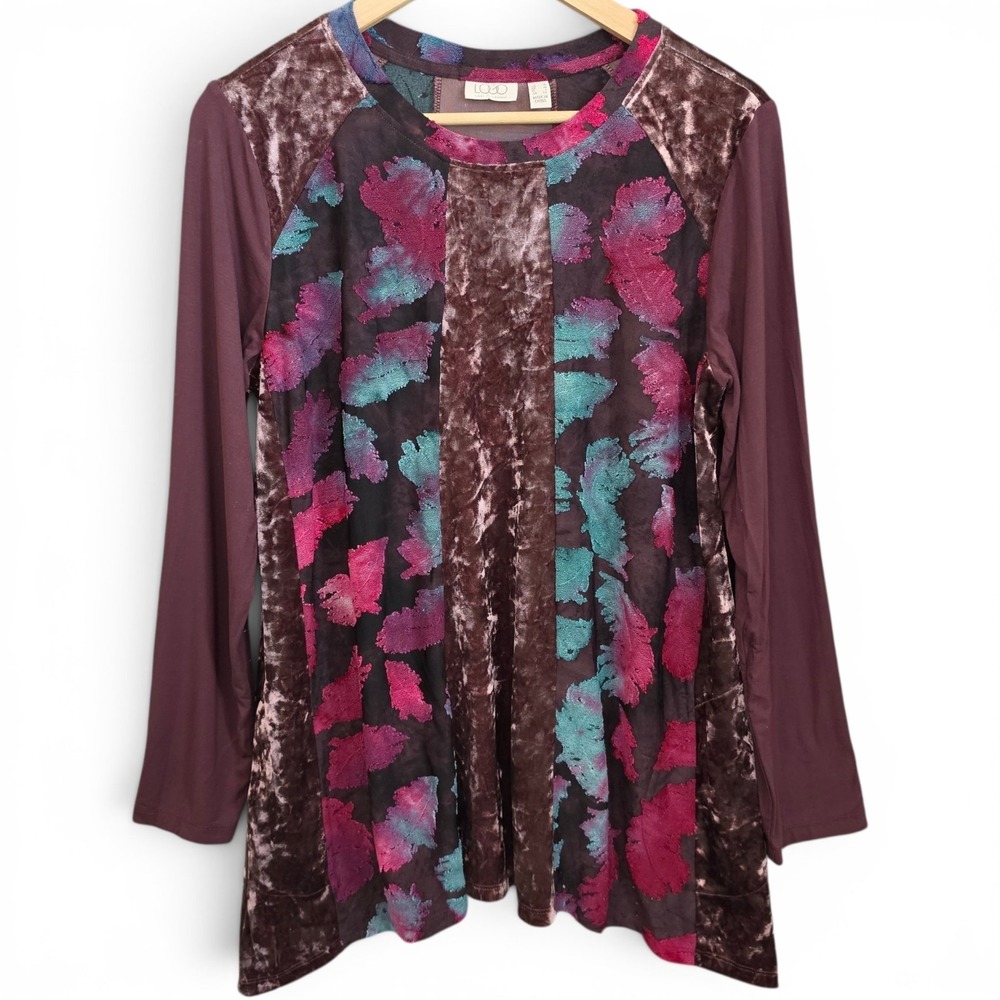 LOGO Lori Goldstein Top Womens Medium Purple Burnout Tunic Long Sleeve Casual